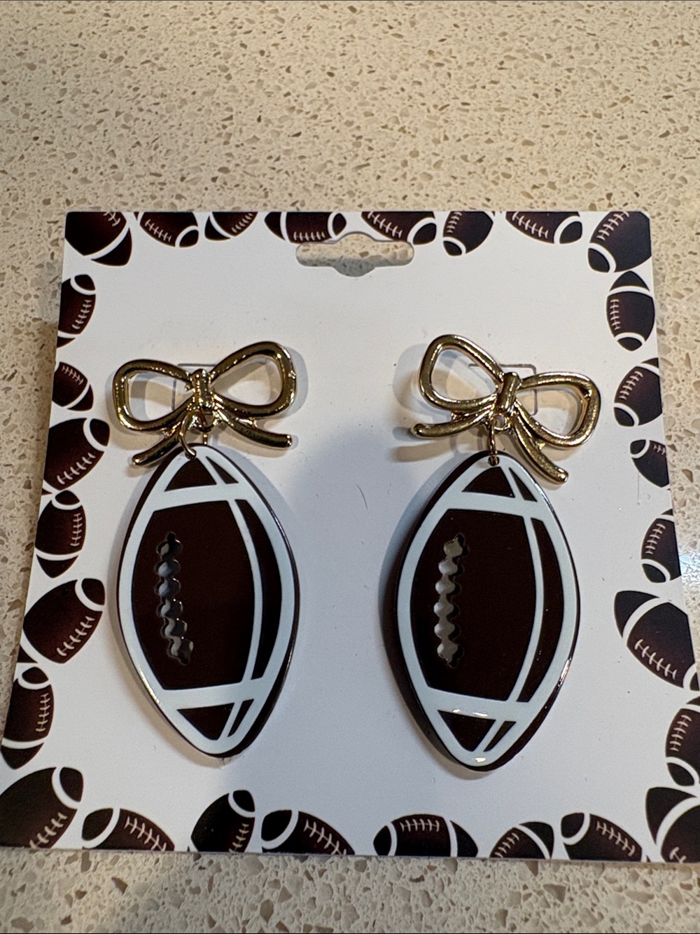 Gold Bow Brown Football Drop Stud Earrings NWT